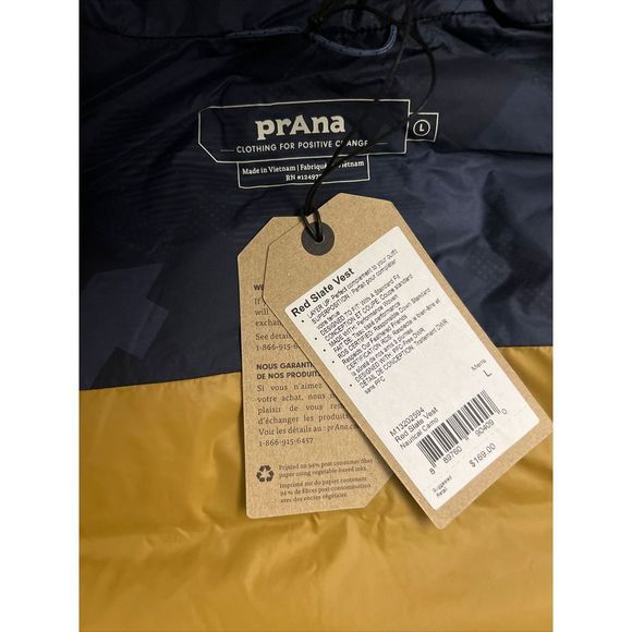 PrAna Down Puffer Vest Men Sz L Navy Blue Camo Red Slate Sleeveless Jacket $169 - Picture 11 of 11